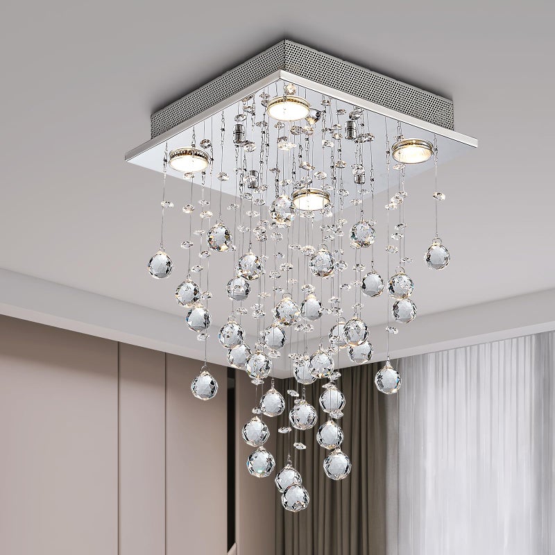 Bestier Chrome Modern Crystal Square Raindrop Chandelier Lighting Flush Mount LED Ceiling Light Fixture Pendant Lamp for Dining Room Bathroom Bedroom Livingroom 4 GU10 Bulbs Required 12" Wide 20" High - Image 2